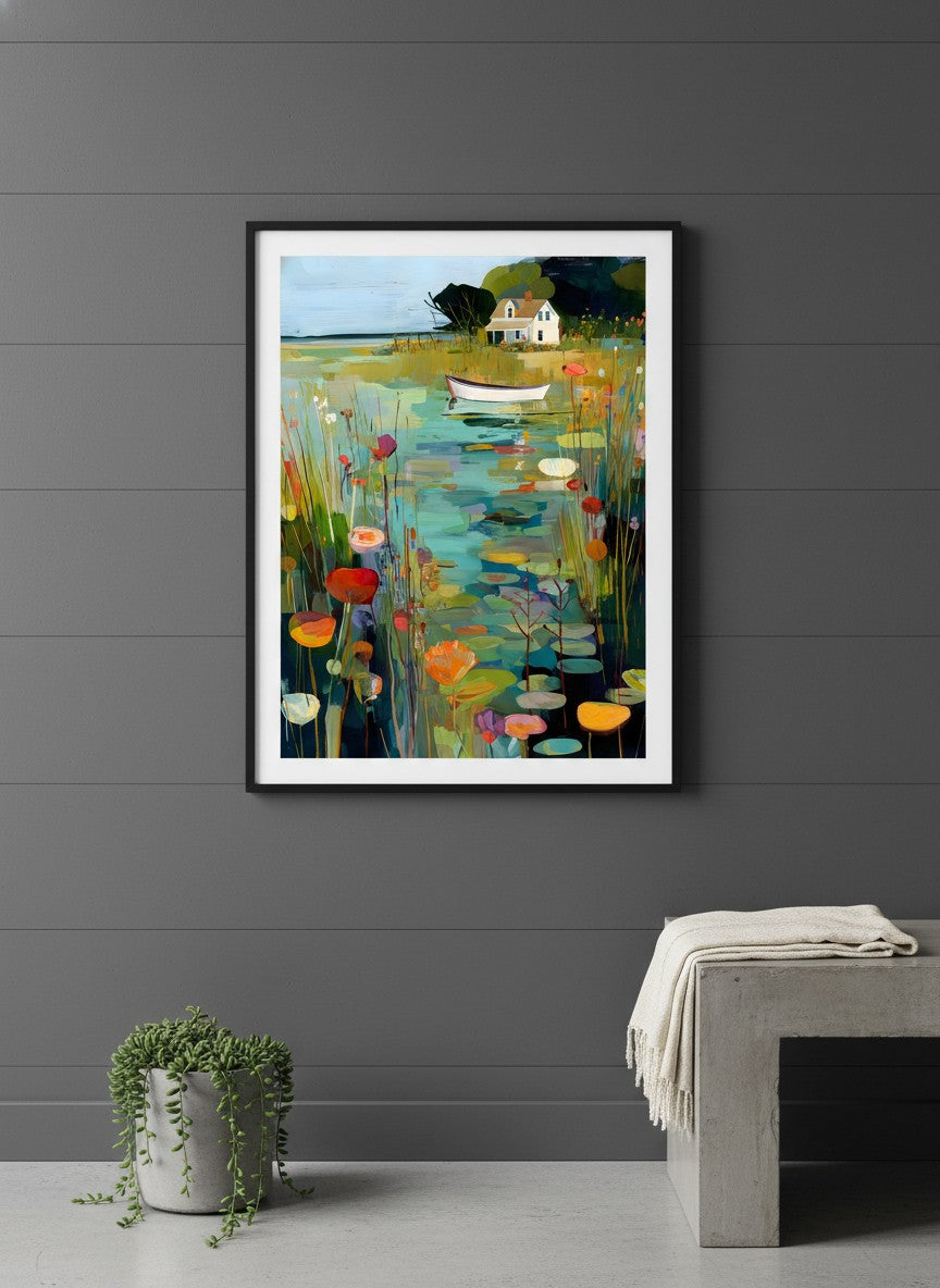 Coastal Cottage Lily Pond Art art print shown in a charcoal minimal black setting