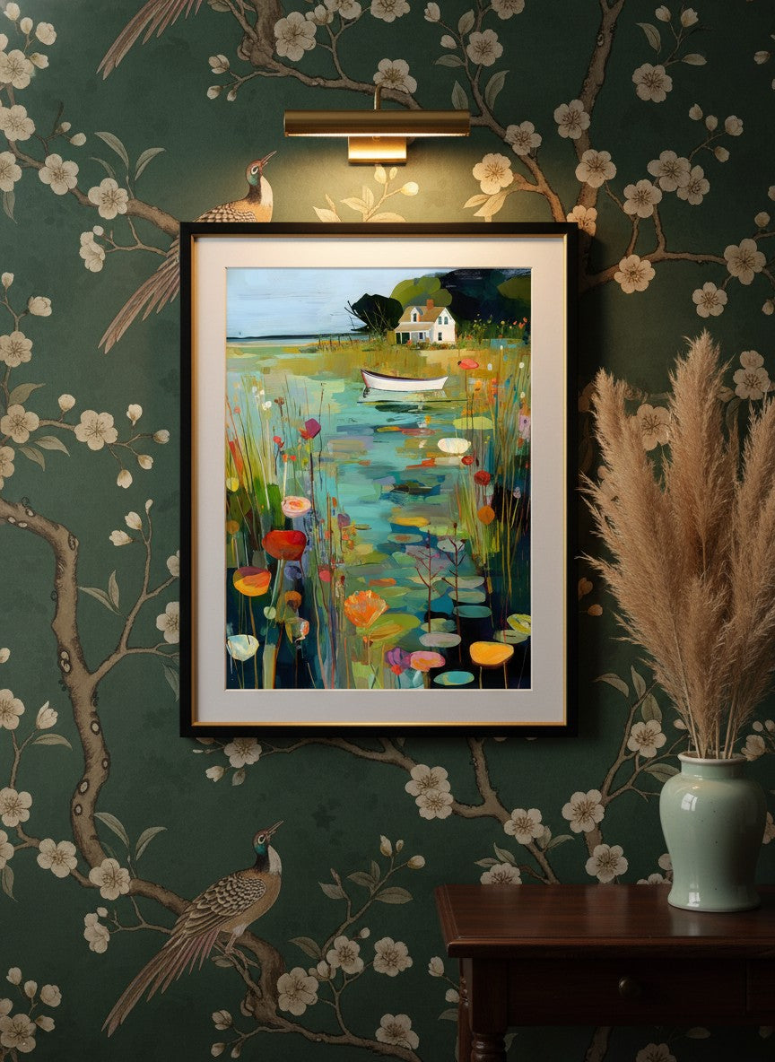 Coastal Cottage Lily Pond Art art print shown in a chinoiserie moody setting