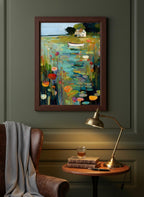Coastal Cottage Lily Pond Art art print shown in a dark olive study setting