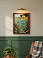 Coastal Cottage Lily Pond Art art print shown in a forest green walnut setting