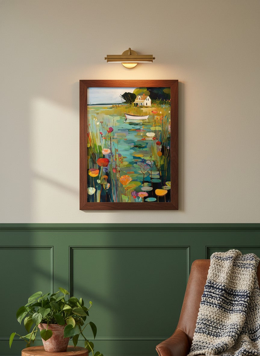 Coastal Cottage Lily Pond Art art print shown in a forest green walnut setting