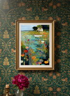 Coastal Cottage Lily Pond Art art print shown in a maximalist floral brass setting