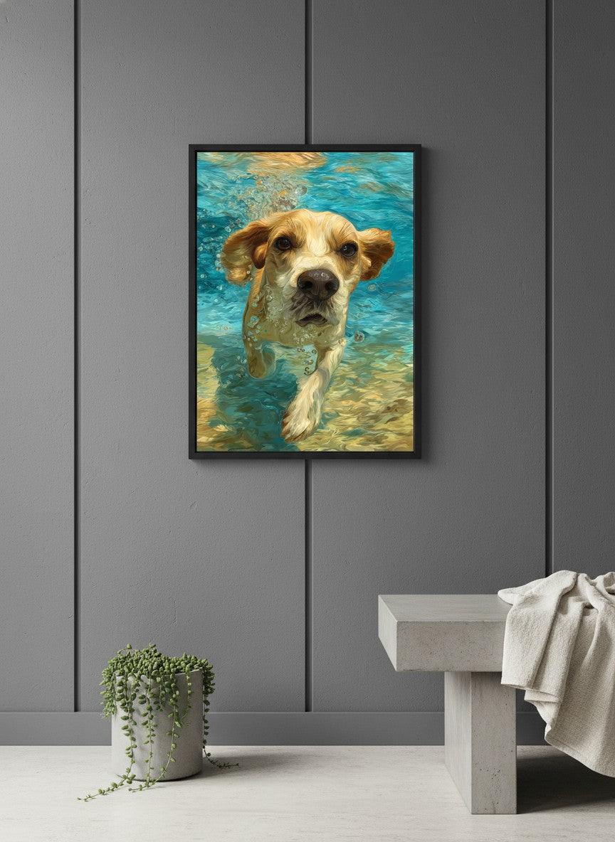 Underwater Swimming Beagle Art art print shown in a charcoal minimal black setting