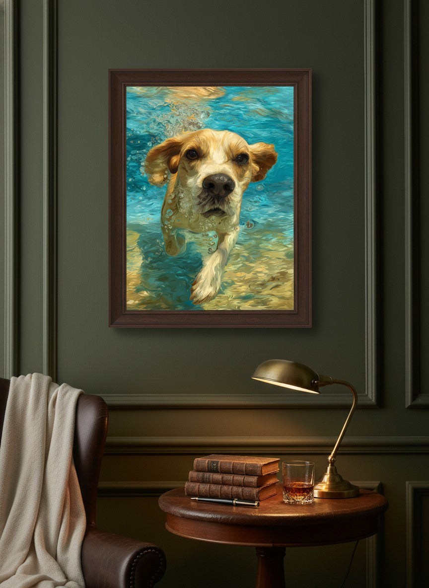 Underwater Swimming Beagle Art art print shown in a dark olive study setting
