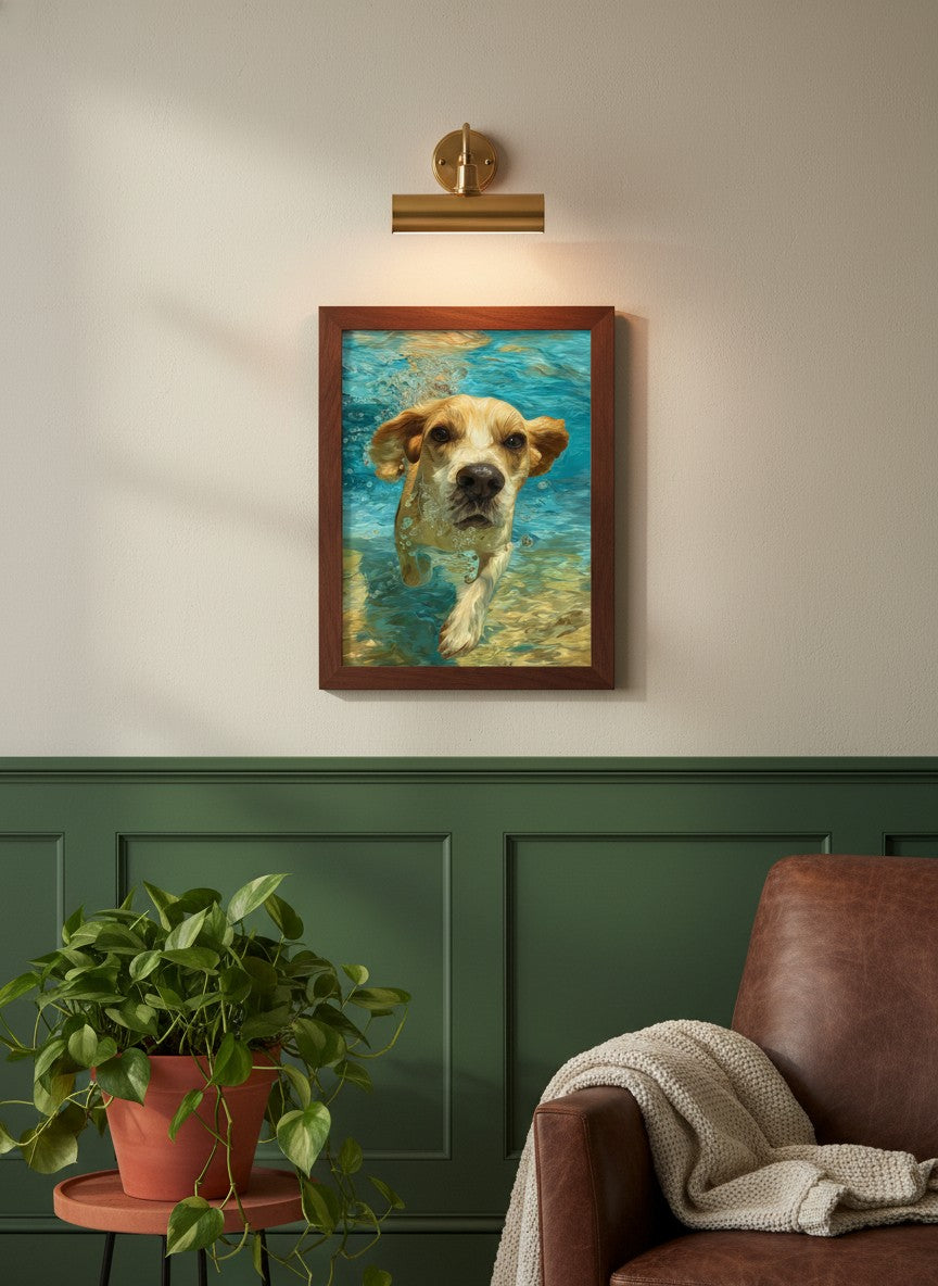 Underwater Swimming Beagle Art art print shown in a forest green walnut setting