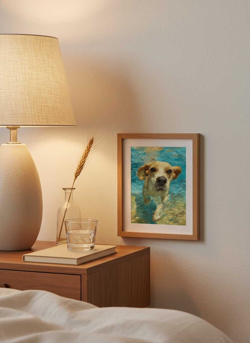Underwater Swimming Beagle Art art print shown in a small bedside oak setting