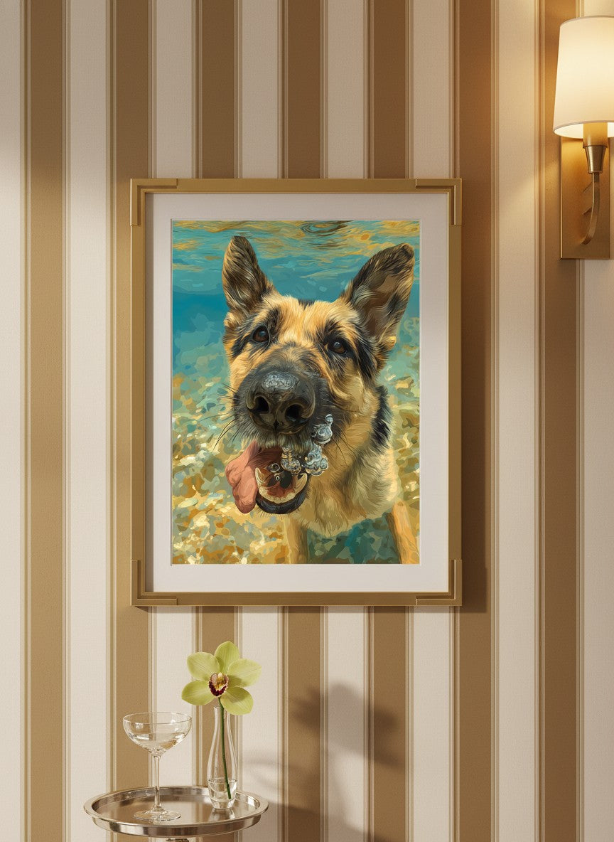 German Shepherd Underwater Dog Art art print shown in a art deco geometric setting
