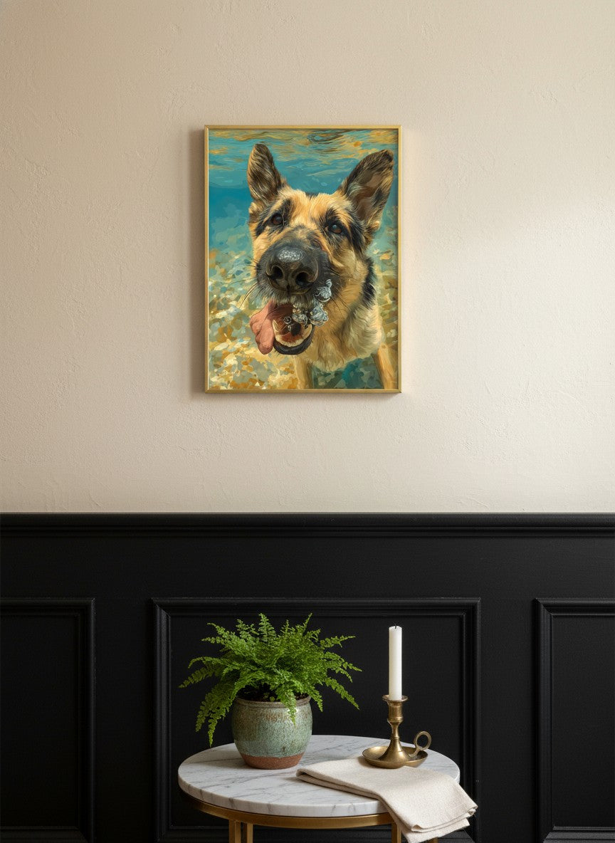 German Shepherd Underwater Dog Art art print shown in a black wainscoting gold setting
