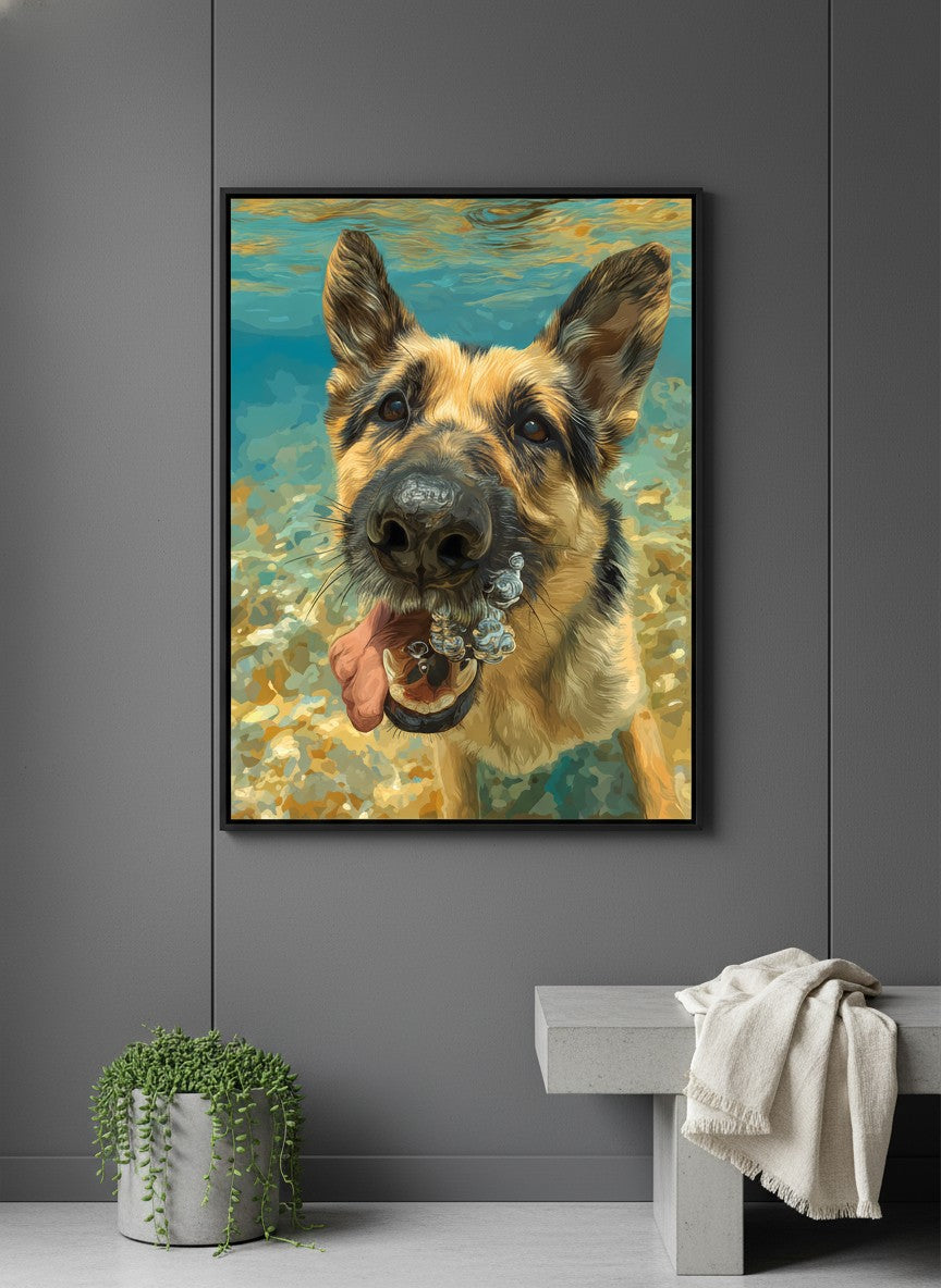 German Shepherd Underwater Dog Art art print shown in a charcoal minimal black setting