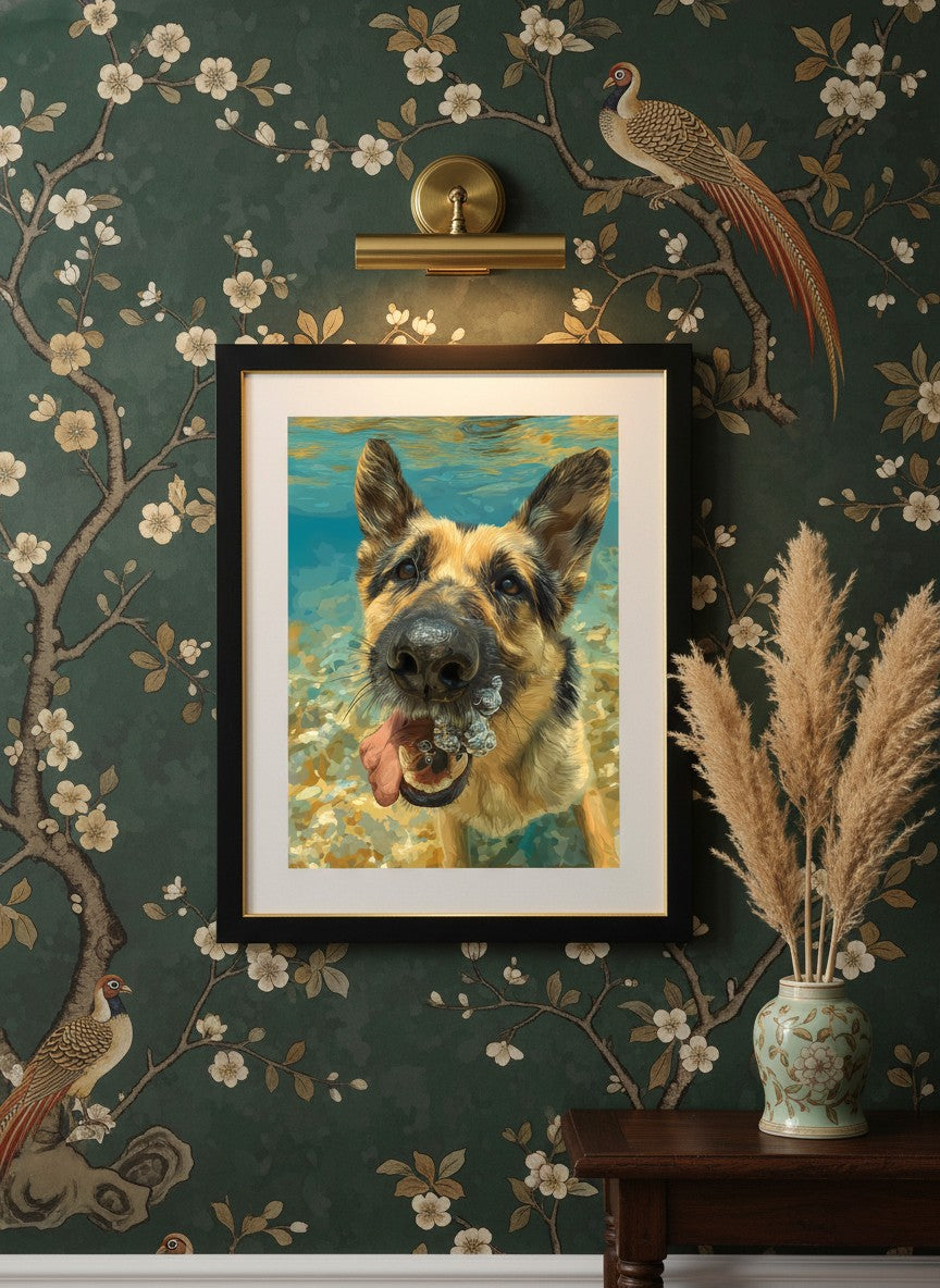 German Shepherd Underwater Dog Art art print shown in a chinoiserie moody setting