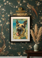 German Shepherd Underwater Dog Art art print shown in a chinoiserie moody setting