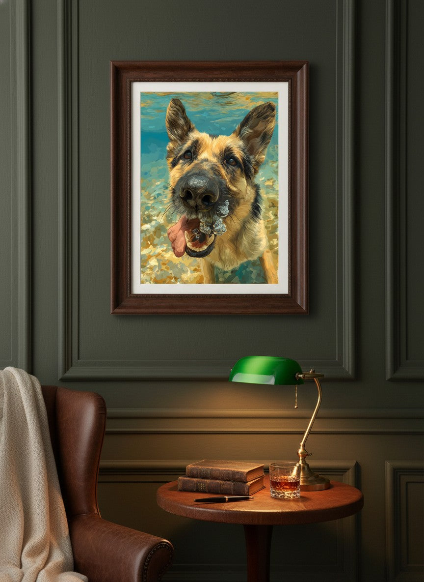 German Shepherd Underwater Dog Art art print shown in a dark olive study setting