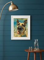 German Shepherd Underwater Dog Art art print shown in a deep teal modern setting