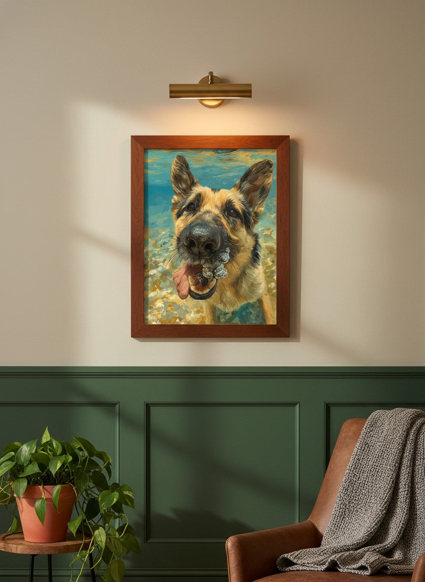 German Shepherd Underwater Dog Art art print shown in a forest green walnut setting