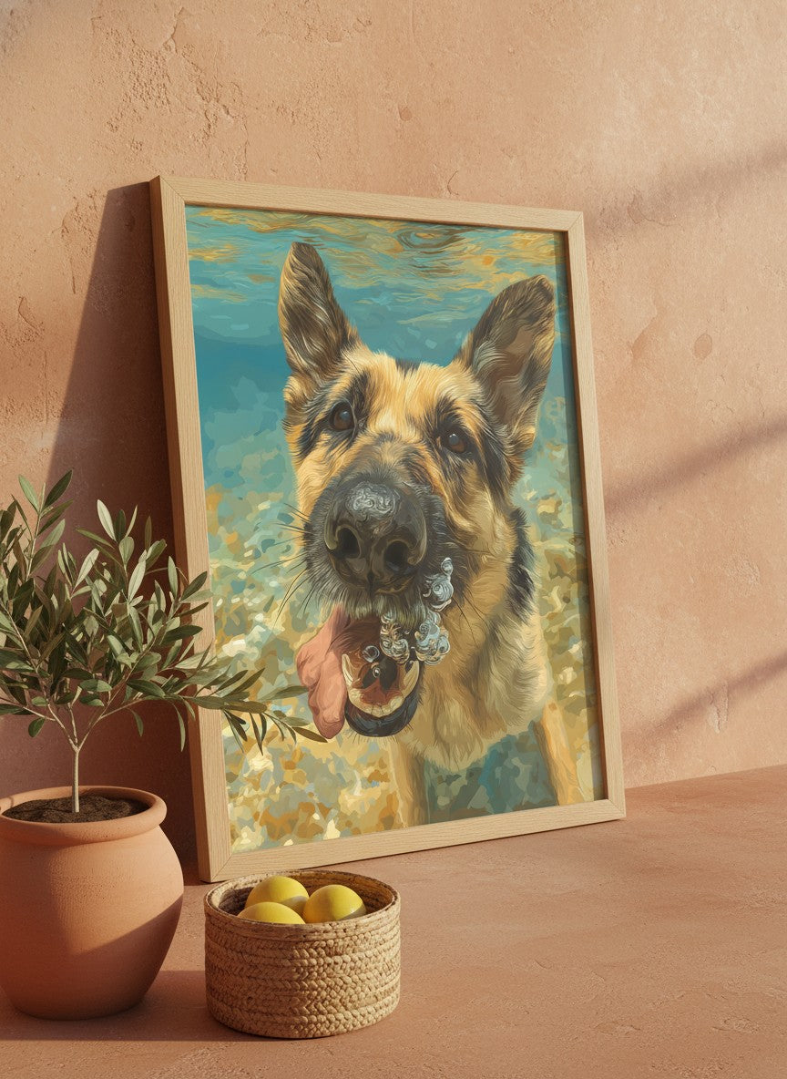 German Shepherd Underwater Dog Art art print shown in a terracotta rustic setting