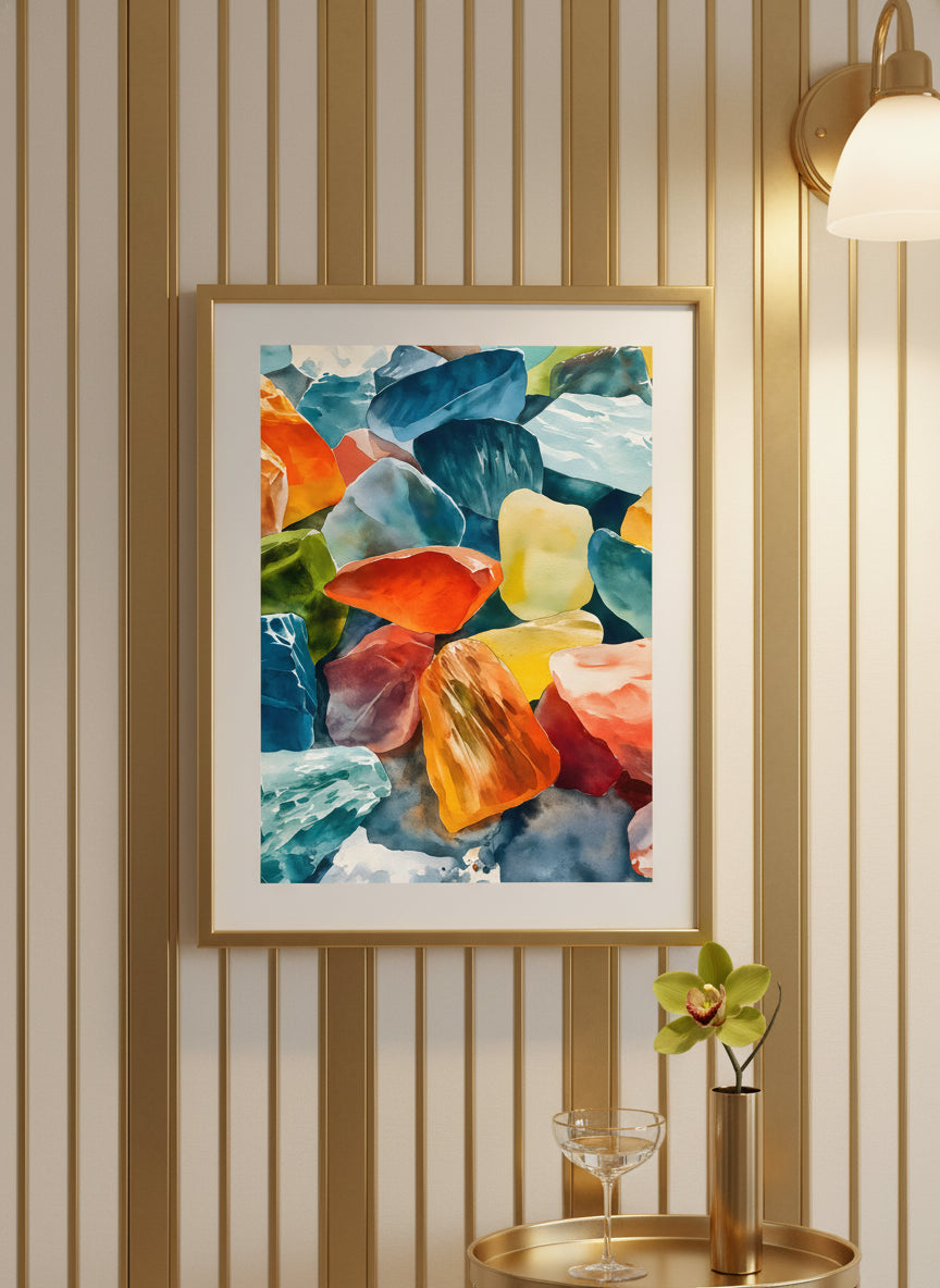 Colorful Gemstone Watercolor Art art print shown in a art deco geometric setting