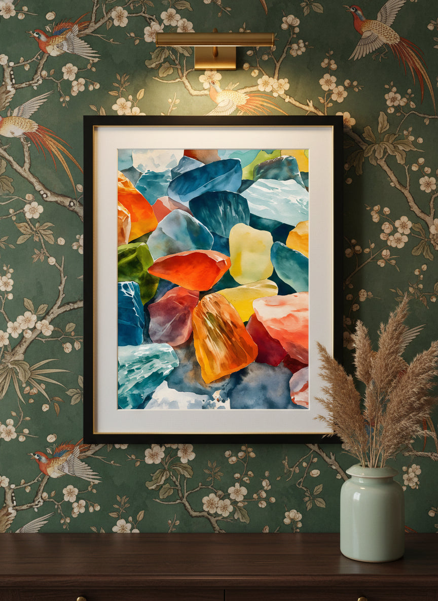 Colorful Gemstone Watercolor Art art print shown in a chinoiserie moody setting