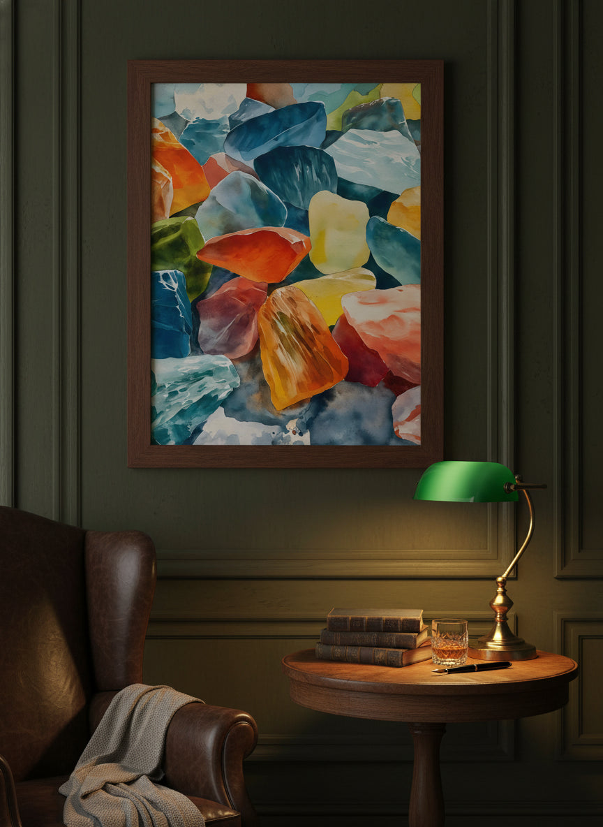 Colorful Gemstone Watercolor Art art print shown in a dark olive study setting