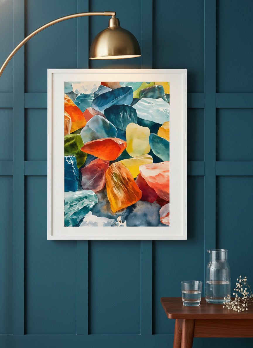 Colorful Gemstone Watercolor Art art print shown in a deep teal modern setting