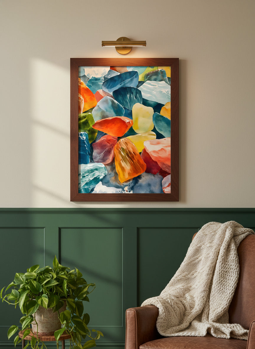 Colorful Gemstone Watercolor Art art print shown in a forest green walnut setting