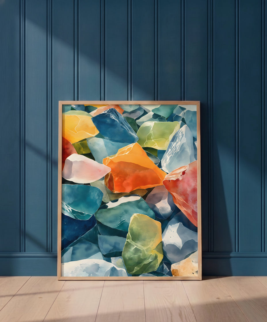 Colorful Sea Glass Watercolor Art art print shown in a blue 1 setting