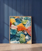 Colorful Sea Glass Watercolor Art art print shown in a blue wall paneled setting