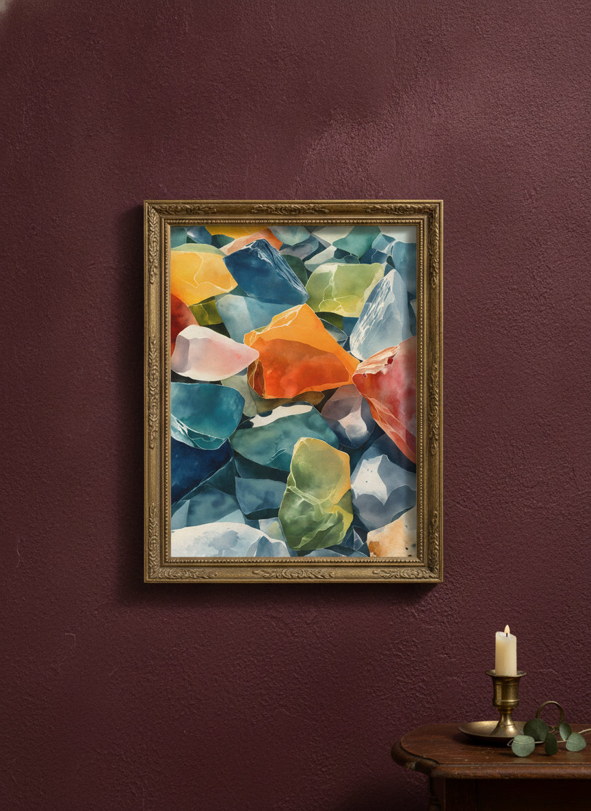 Colorful Sea Glass Watercolor Art art print shown in a burgundy brass setting