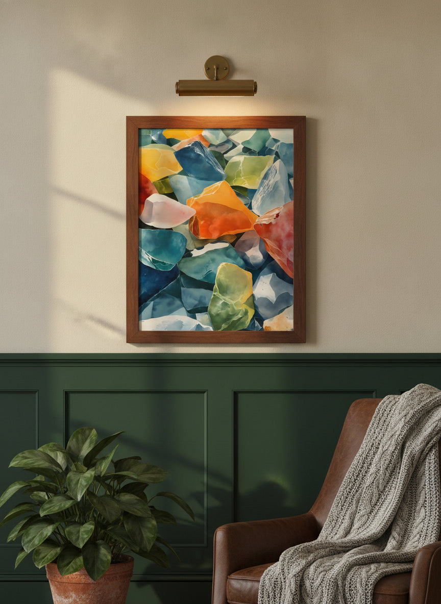 Colorful Sea Glass Watercolor Art art print shown in a forest green walnut setting