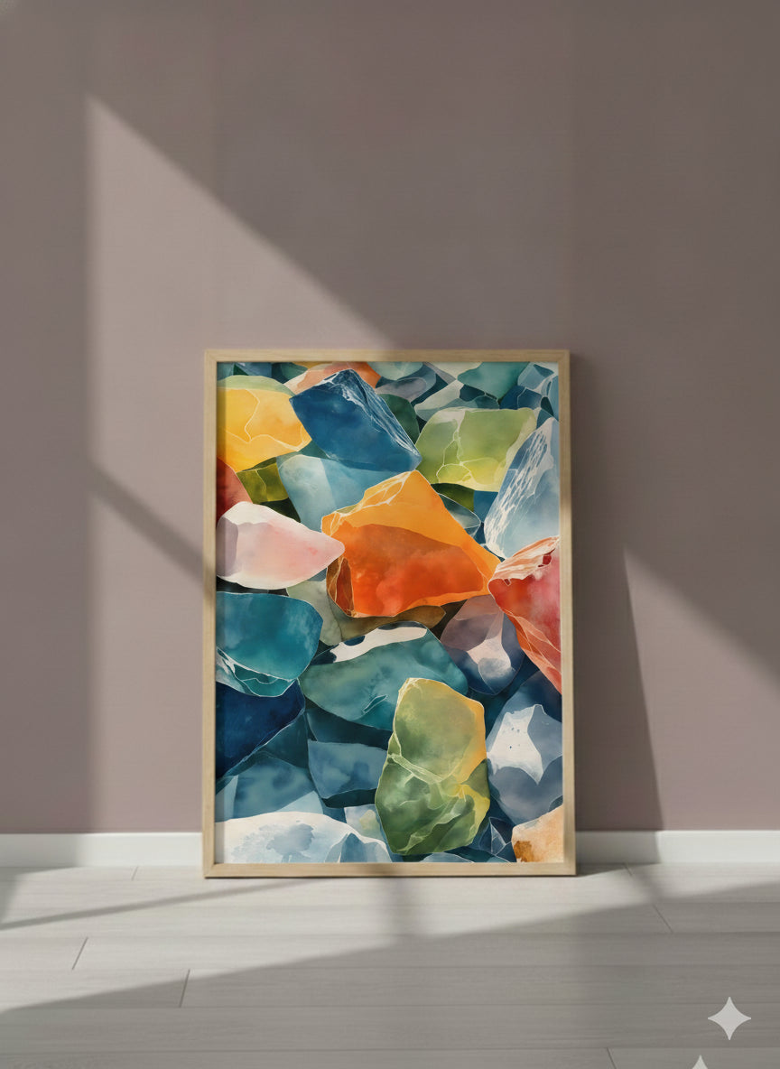 Colorful Sea Glass Watercolor Art art print shown in a purple setting