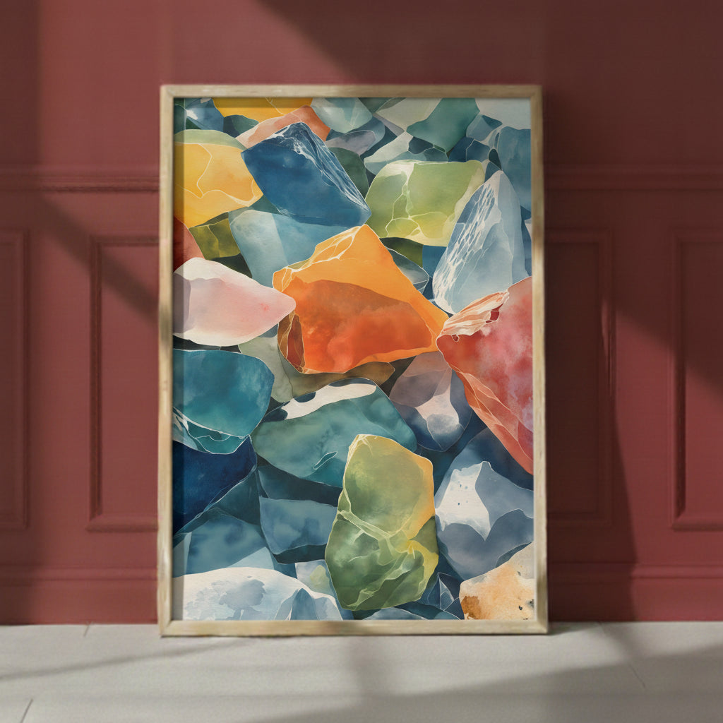 Colorful Sea Glass Watercolor Art art print shown in a red setting