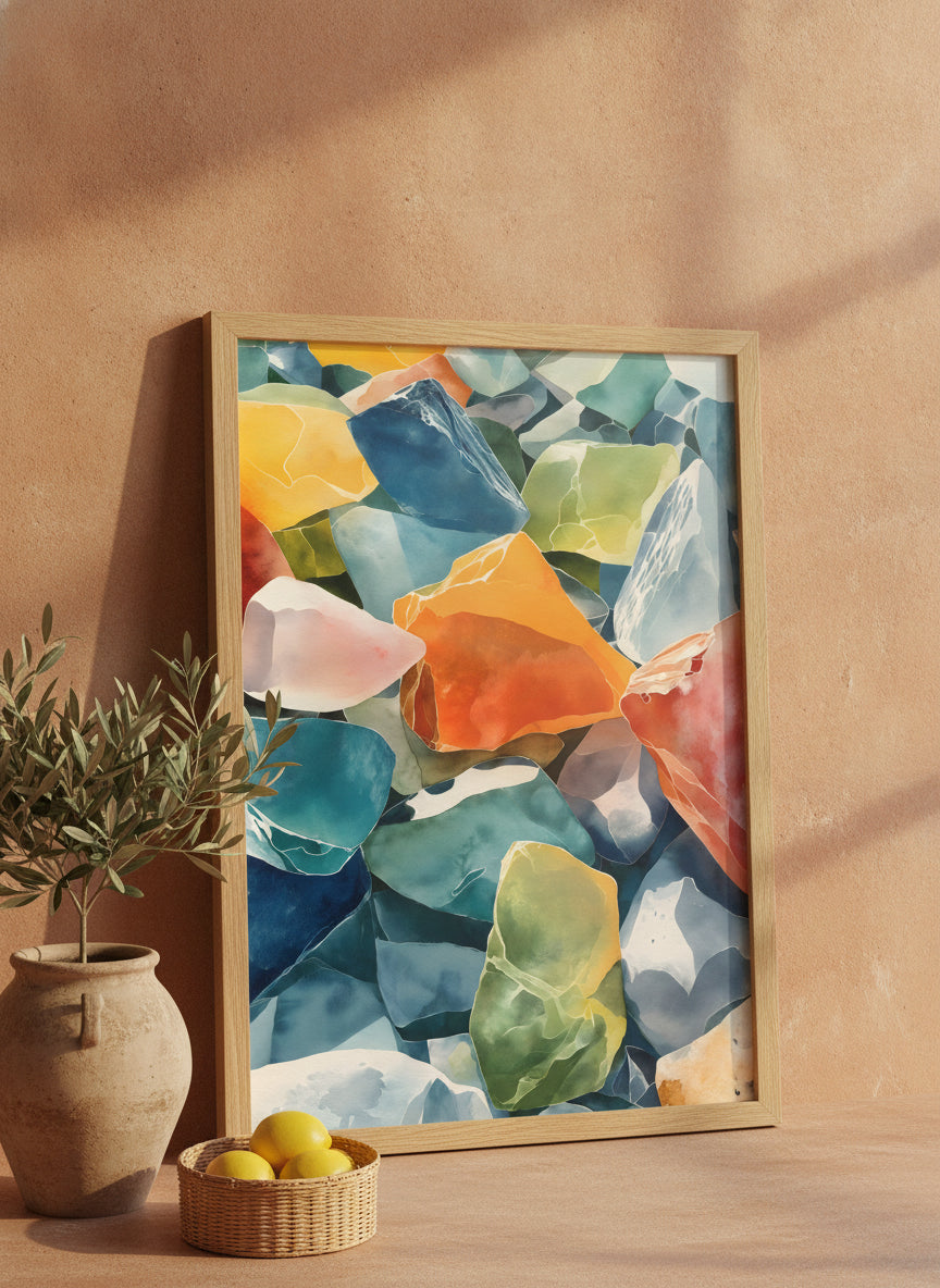 Colorful Sea Glass Watercolor Art art print shown in a terracotta rustic setting