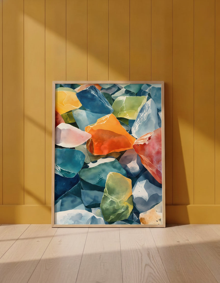 Colorful Sea Glass Watercolor Art art print shown in a yellow wall setting