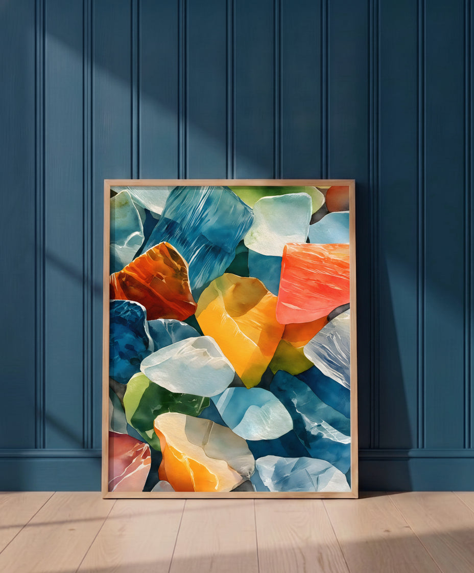 Colorful Sea Glass Watercolor Art art print shown in a blue 1 setting