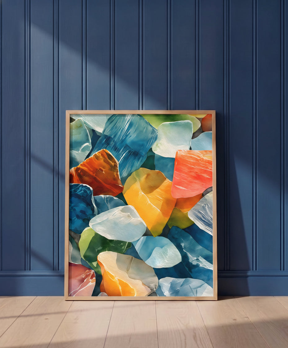 Colorful Sea Glass Watercolor Art art print shown in a blue wall paneled setting