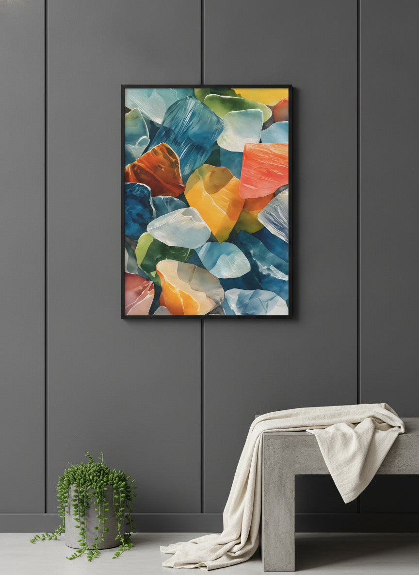 Colorful Sea Glass Watercolor Art art print shown in a charcoal minimal black setting