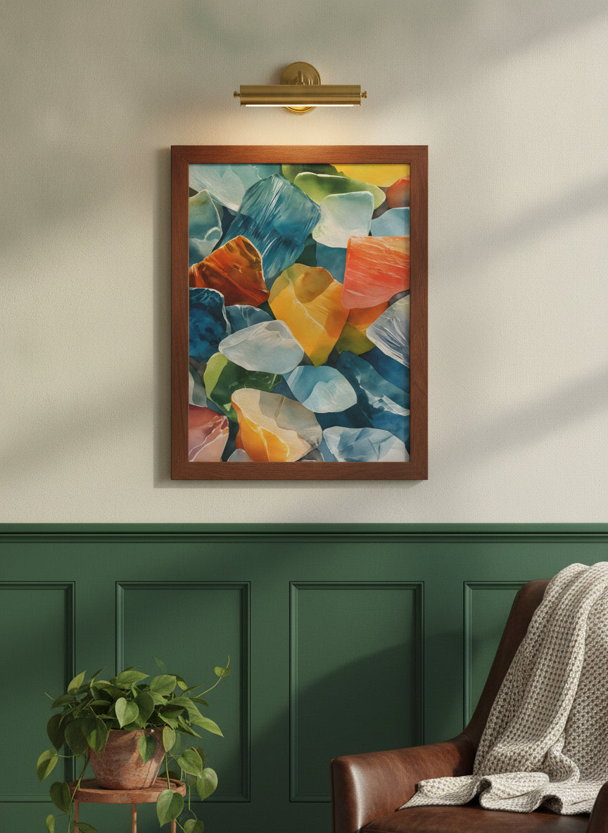 Colorful Sea Glass Watercolor Art art print shown in a forest green walnut setting