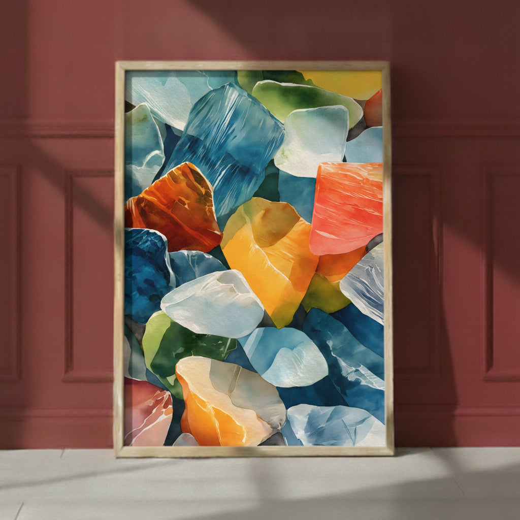 Colorful Sea Glass Watercolor Art art print shown in a red setting