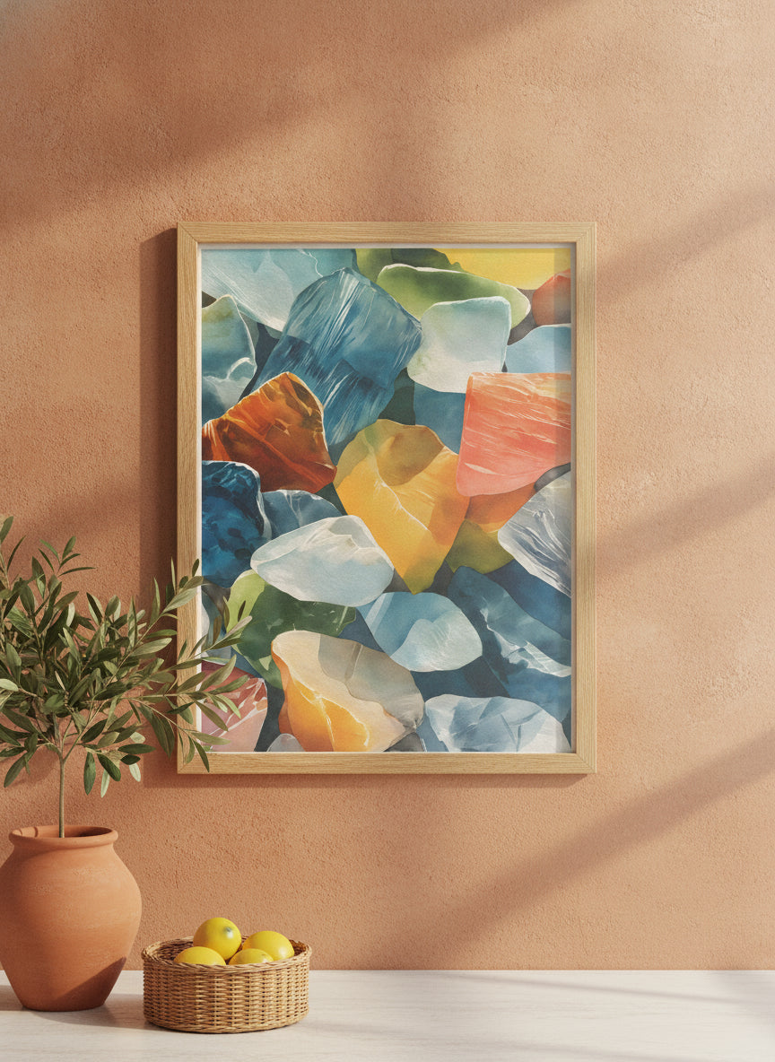 Colorful Sea Glass Watercolor Art art print shown in a terracotta rustic setting