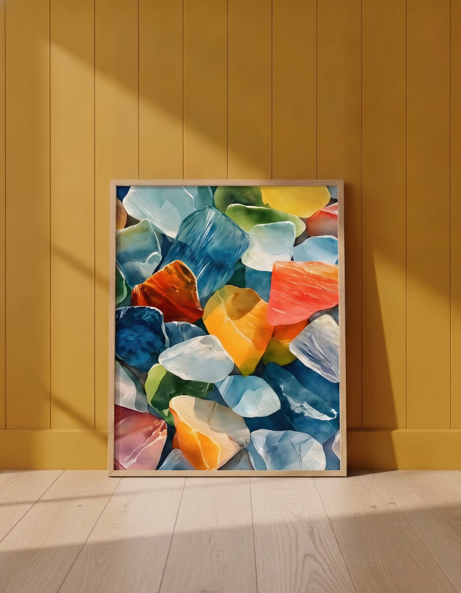 Colorful Sea Glass Watercolor Art art print shown in a yellow wall setting