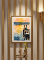 Boy Fishing Dock Watercolor art print shown in a art deco geometric setting
