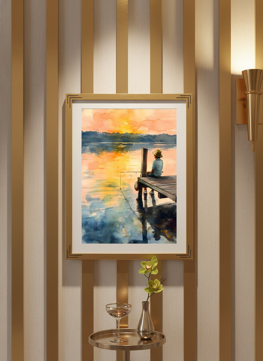 Boy Fishing Dock Watercolor art print shown in a art deco geometric setting