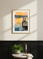 Boy Fishing Dock Watercolor art print shown in a black wainscoting gold setting