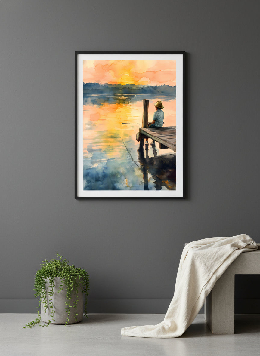 Boy Fishing Dock Watercolor art print shown in a charcoal minimal black setting