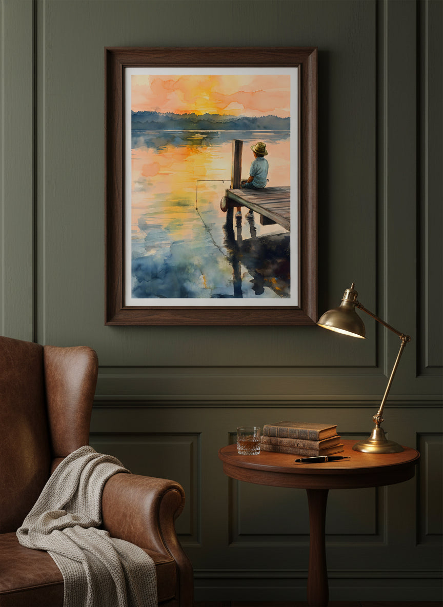 Boy Fishing Dock Watercolor art print shown in a dark olive study setting