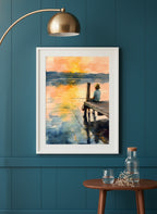 Boy Fishing Dock Watercolor art print shown in a deep teal modern setting