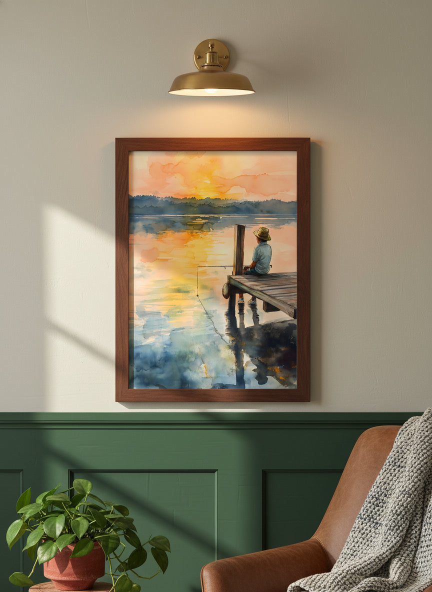 Boy Fishing Dock Watercolor art print shown in a forest green walnut setting