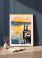 Boy Fishing Dock Watercolor art print shown in a navy paneled oak setting