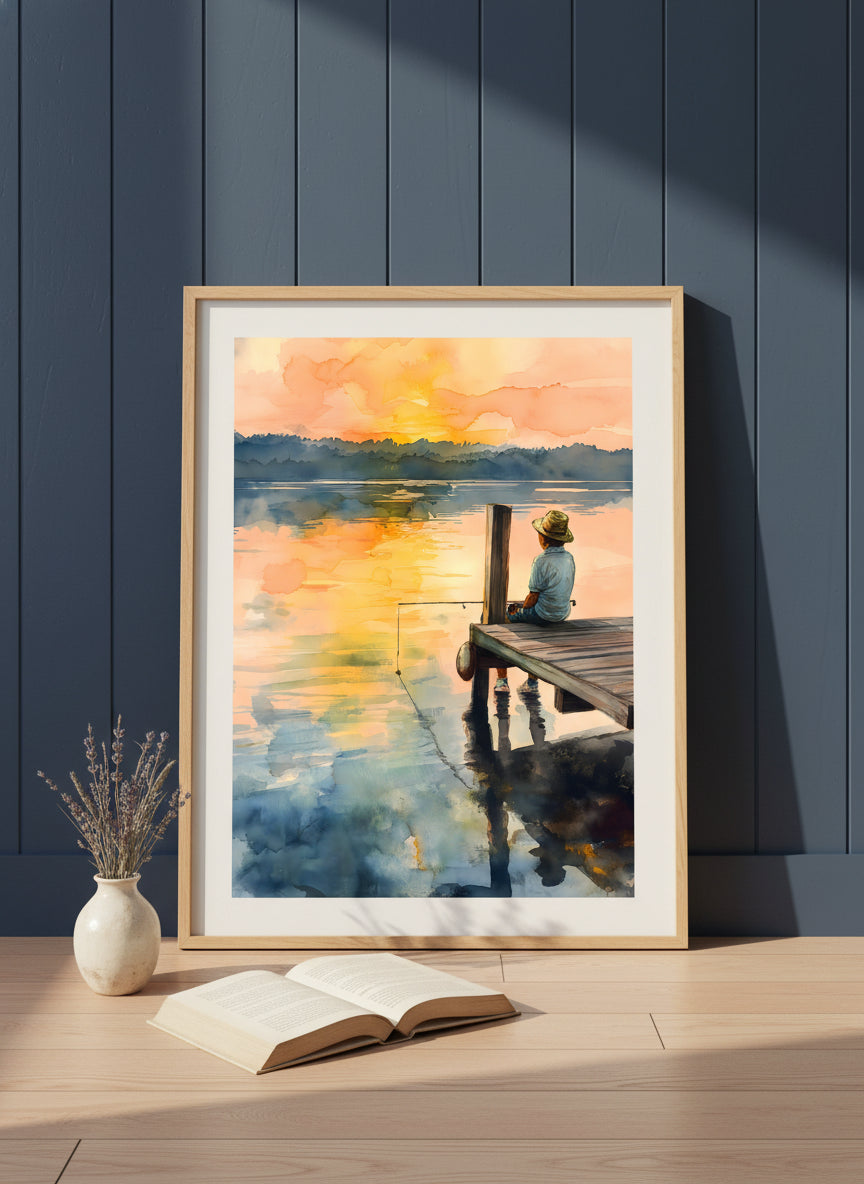 Boy Fishing Dock Watercolor art print shown in a navy paneled oak setting