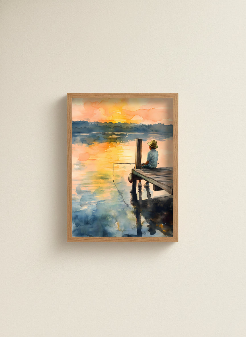 Boy Fishing Dock Watercolor art print