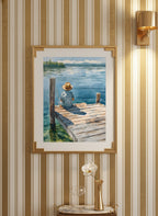 Watercolor Fisherman Lake Dock Art art print shown in a art deco geometric setting